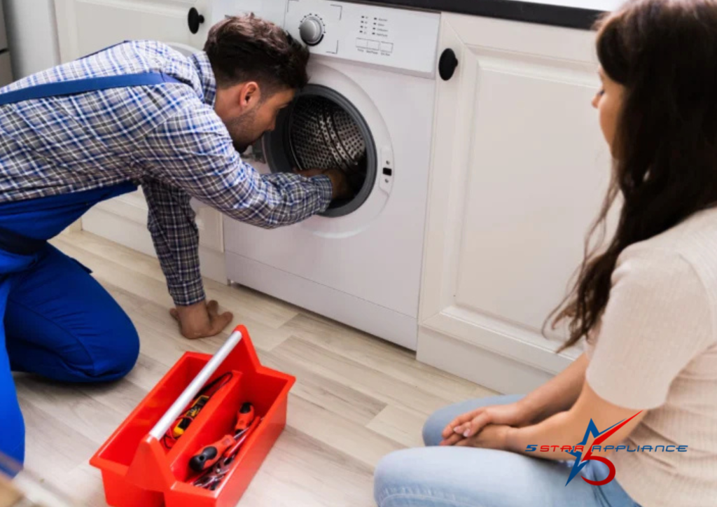 **Alt text:** `appliance repair technician diagnosing and repairing washing machine making loud noise`