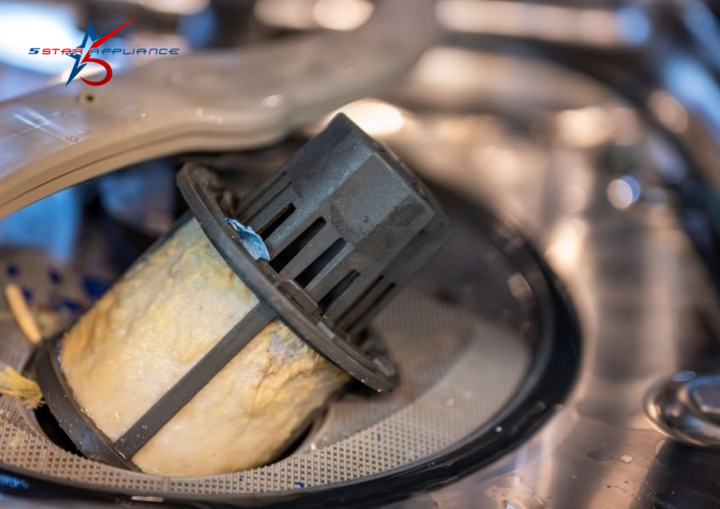 Severely neglected dishwasher filter housing covered in brown food buildup before deep cleaning
