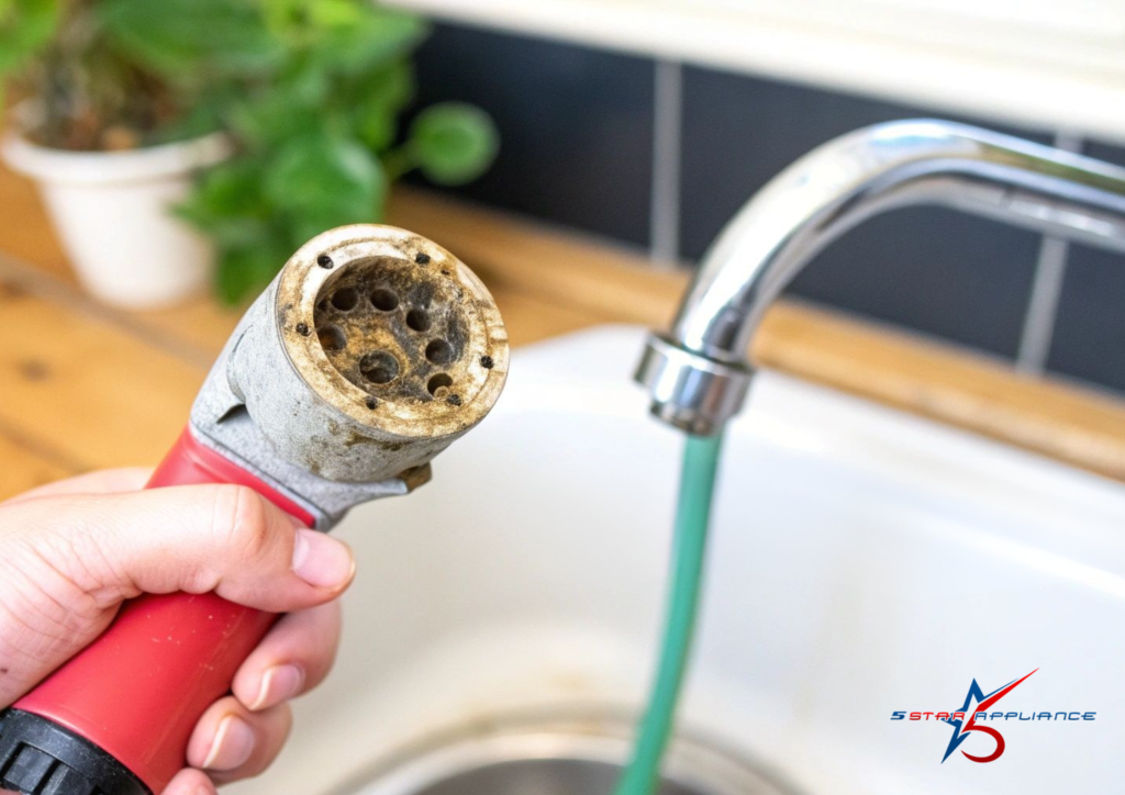 Clogged dishwasher spray arm with mineral deposits and food debris blocking the water holes
