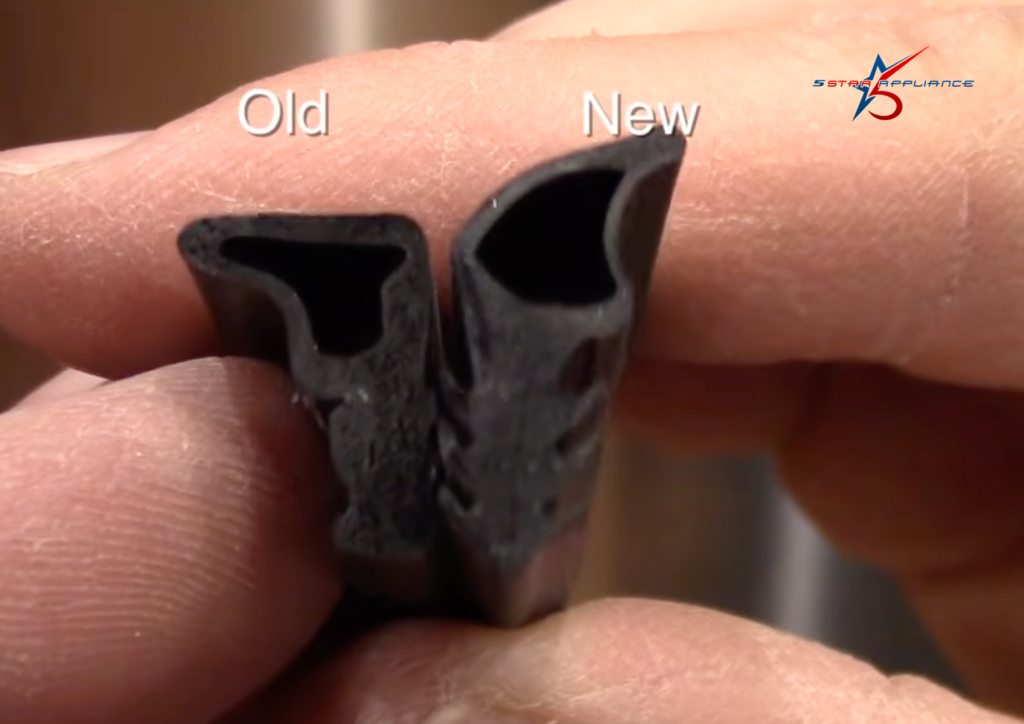 A side-by-side comparison of an old, flattened dishwasher door gasket versus a new, flexible rubber seal to show wear and tear.