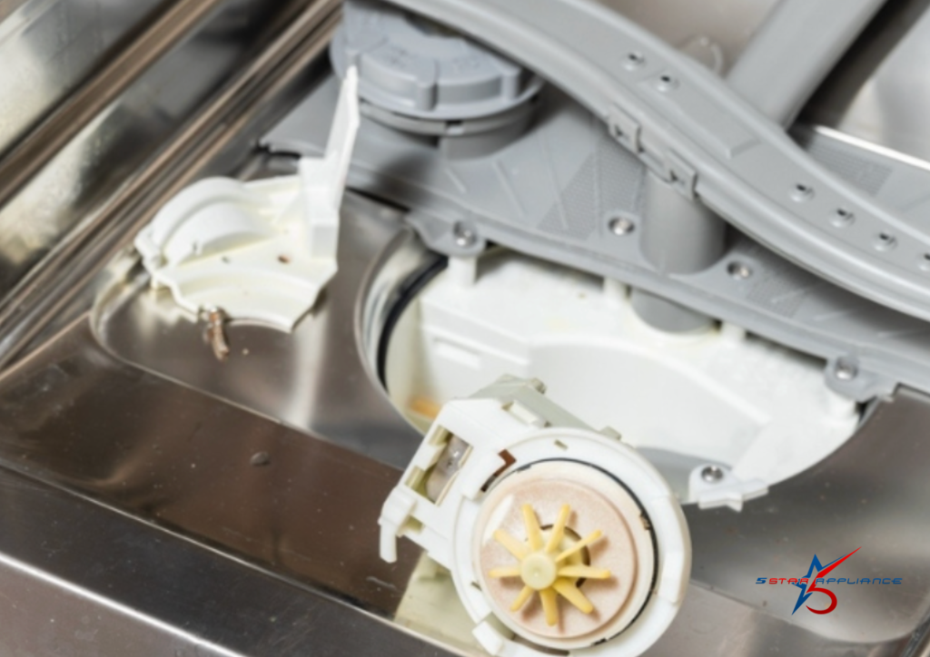 An old dishwasher circulation pump motor and impeller assembly removed for inspection, illustrating a common cause for weak water pressure and noisy operation.