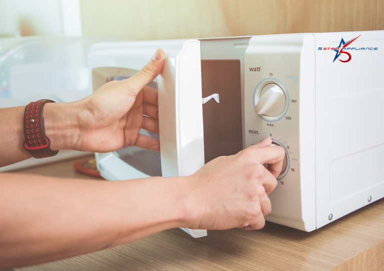 A homeowner troubleshooting a microwave door that won't close, inspecting the latch and timer dial for mechanical issues or obstructions.