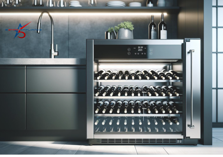 Gemini said Alt Text: A sleek, stainless steel under-counter wine cooler with internal LED lighting, stocked with wine bottles and integrated into a modern dark kitchen cabinetry setup.