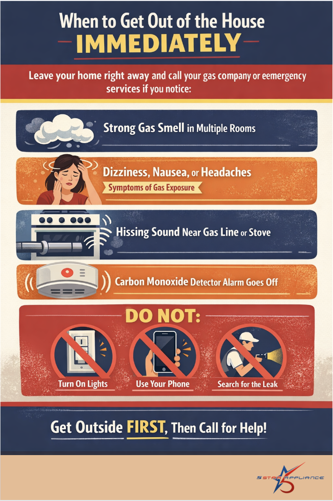 Safety guide infographic outlining emergency symptoms of gas leaks and carbon monoxide, with instructions to evacuate before calling for help.