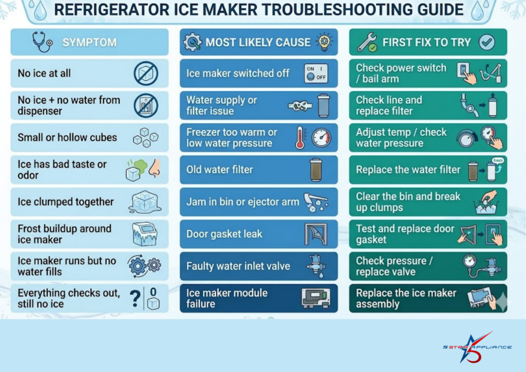 An infographic troubleshooting guide for a refrigerator ice maker. It is a chart with three columns: Symptom, Most Likely Cause, and First Fix To Try.