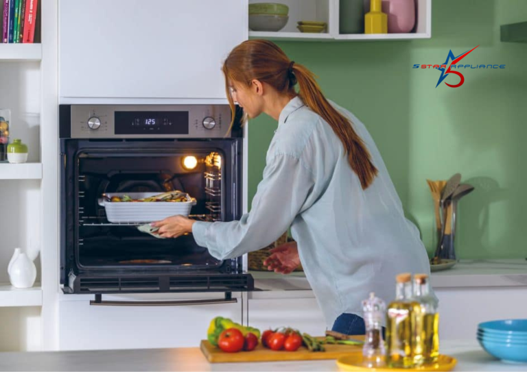 A homeowner using a modern wall oven for meal preparation, provided by 5 Star Appliance.