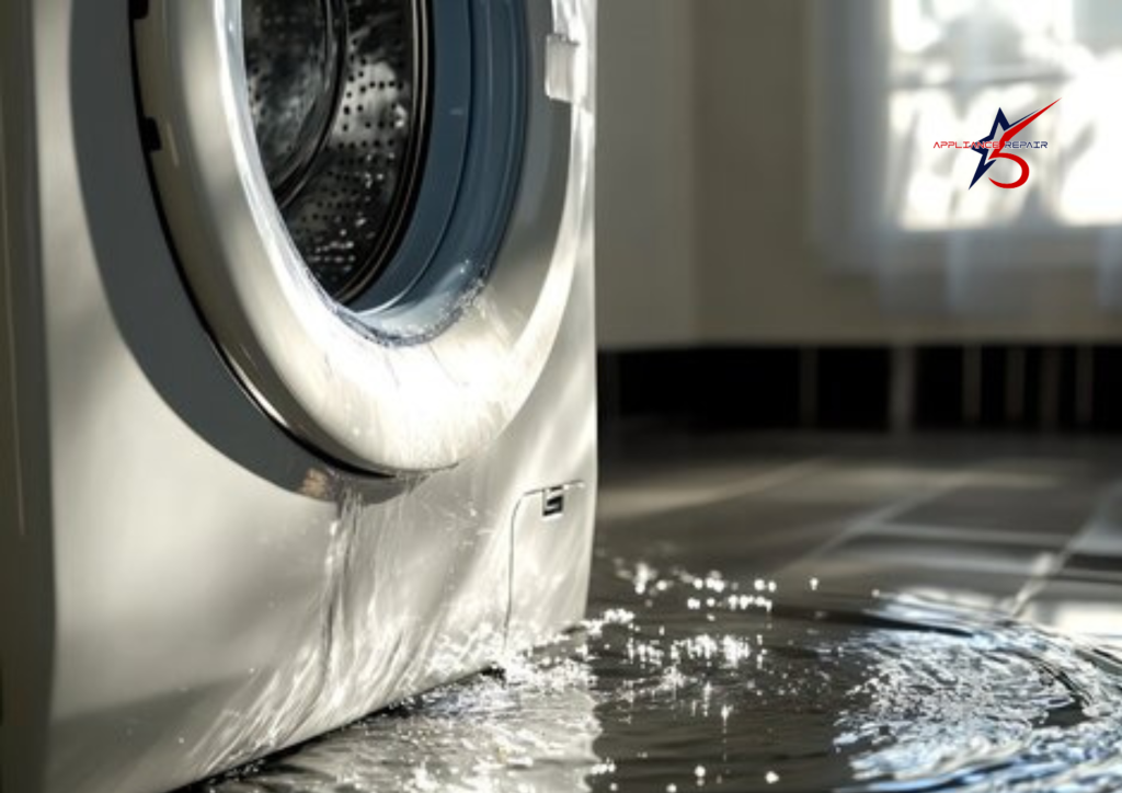 A front-loading washing machine leaking a large amount of water onto a tiled floor.