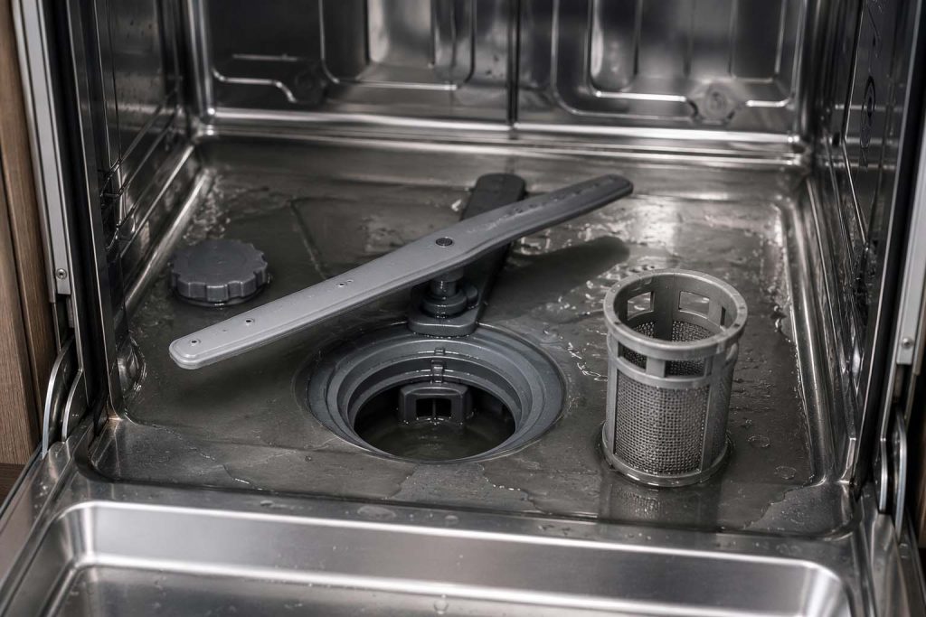 Standing water in a Samsung dishwasher tub with the cylindrical filter removed for cleaning
