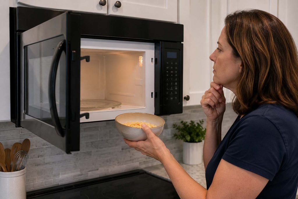 Homeowner checking a microwave that runs but does not heat food