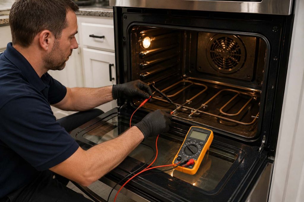 Technician testing an electric oven bake element with a multimeter to diagnose why the oven is not heating