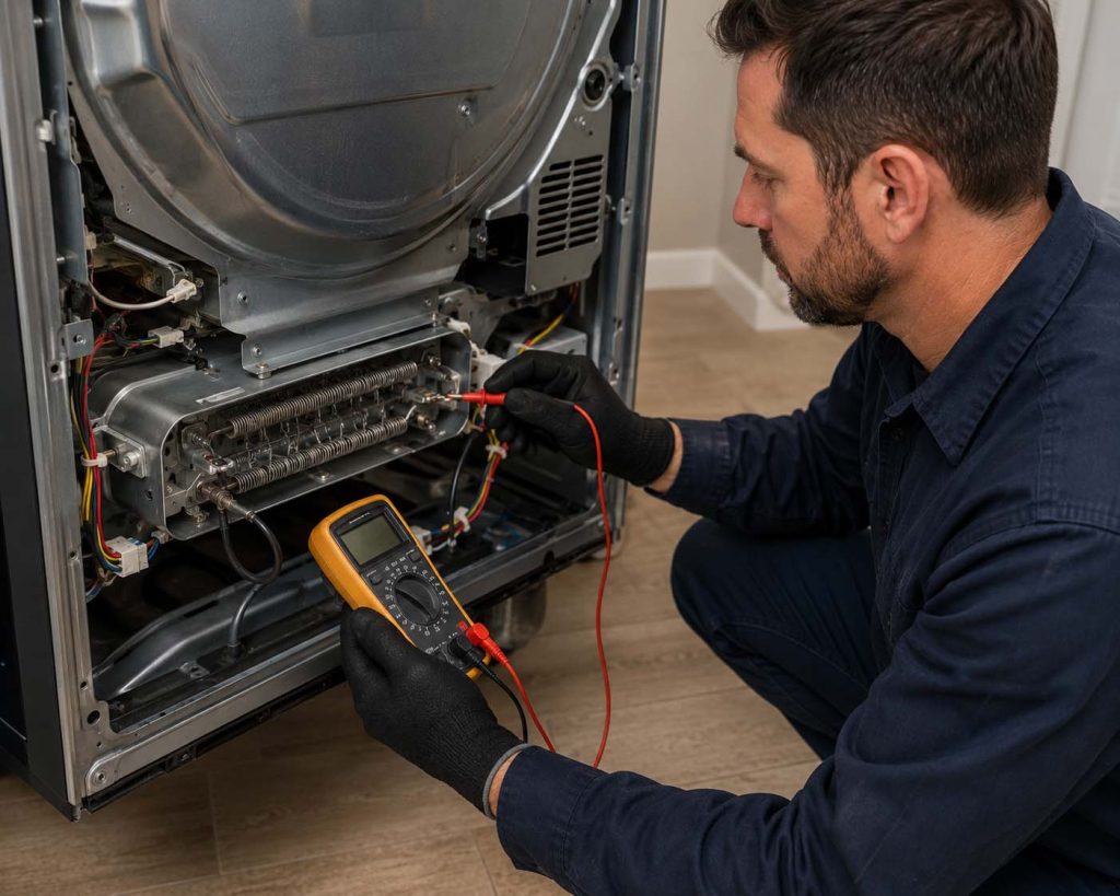 Technician testing a Samsung dryer heating element with a multimeter to diagnose a dryer not heating