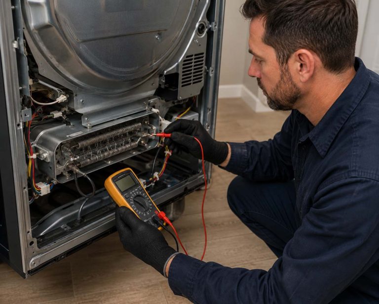 Technician testing a Samsung dryer heating element with a multimeter to diagnose a dryer not heating