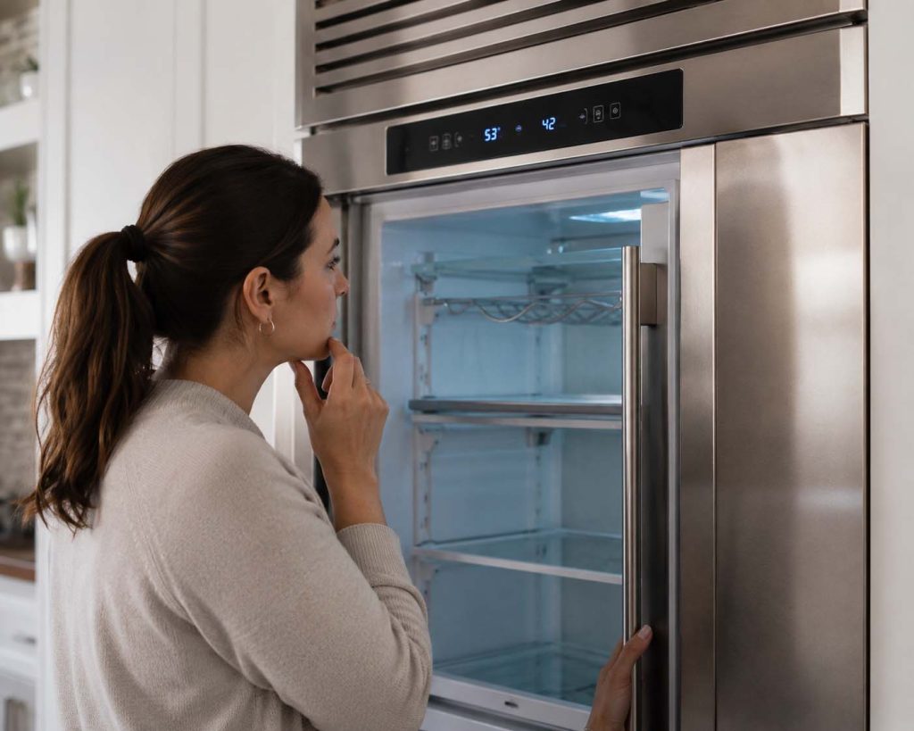 Built-in Viking refrigerator not cooling while the owner checks the temperature display