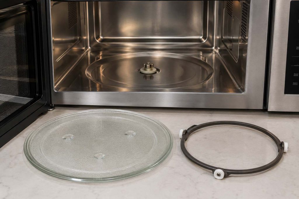 Microwave glass turntable and roller ring removed for inspection